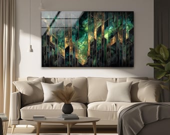 Pannello decorativo da parete in vetro geometrico color smeraldo - Design astratto verde e oro su vetro temperato, pannello orizzontale di lusso in stile Art Déco per soggiorno