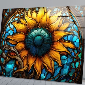 Arte de pared de vidrio templado con girasoles hecho a mano: decoración floral para el hogar