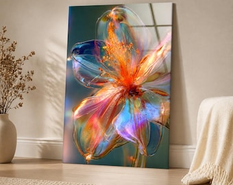 Iridescent Flower Glass Wall Art, Colorful Abstract Floral Portrait, Vertical Oversized Tempered Glass Wall Art