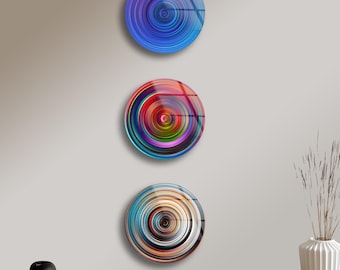 Tempered Glass Wall Art Set of 3: Modern Stained Glass Style, 10'' Diameter