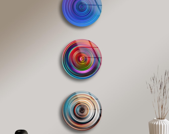 Tempered Glass Wall Art Set of 3: Modern Stained Glass Style, 10'' Diameter