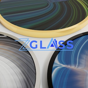 a collage of three circular images, each with a unique color and pattern. The central image is a gold circle, while the other two images are black and white. The text "ZGLASS" is prominently displayed in the center of the collage.