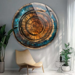 Modern glass panel featuring abstract wooden ring textures