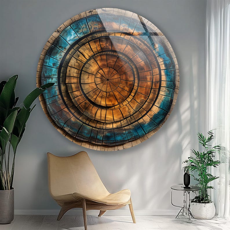 Modern glass panel featuring abstract wooden ring textures