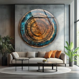 Cuadro de pared de vidrio con diseño de anillos de árboles: patrón abstracto de madera, azul y marrón.