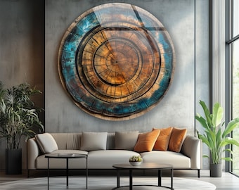 Tree Ring Glass Wall Art: Abstract Wood Pattern, Blue & Brown