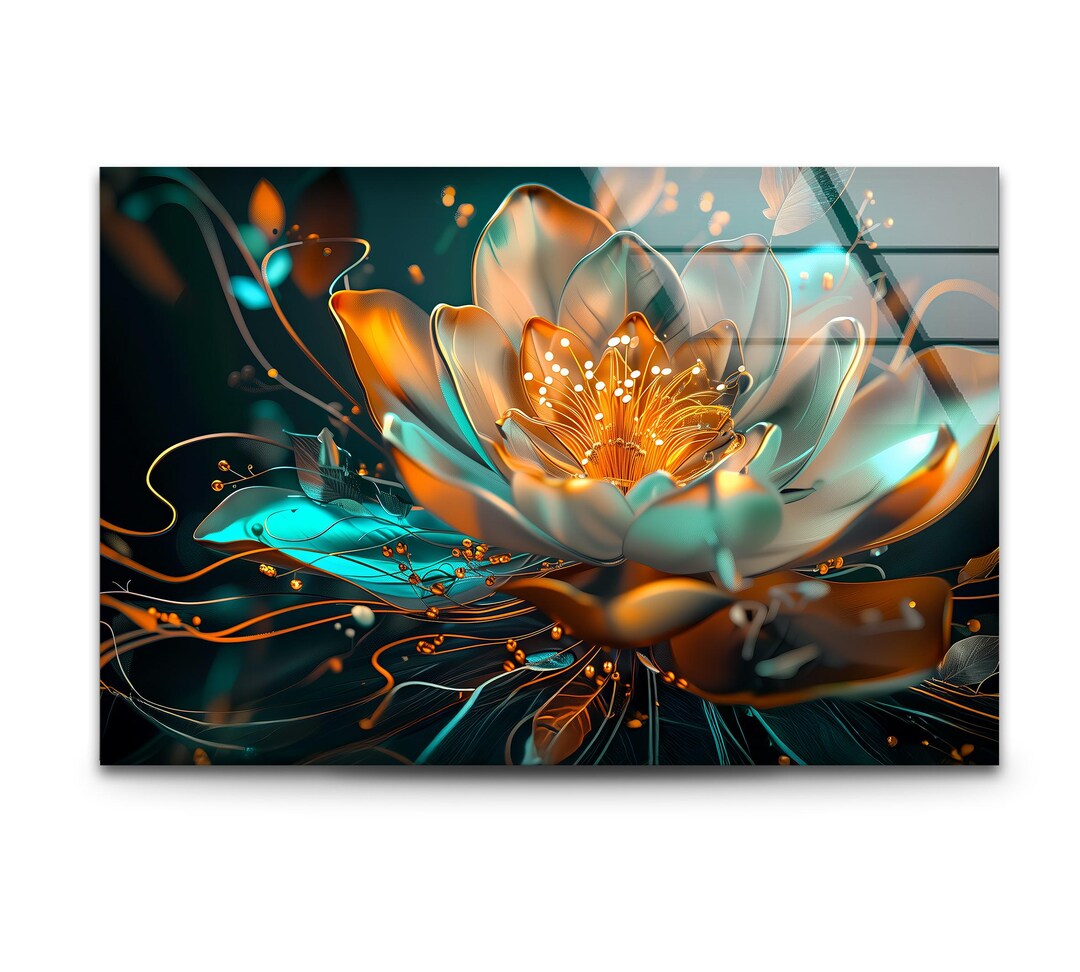 Neon Lotus Flower Glass Wall Art: Modern Floral Print - Etsy