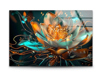 Arte murale in vetro con fiore di loto al neon: stampa floreale moderna