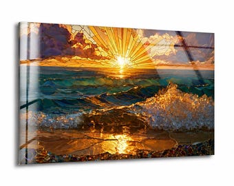 Ocean Sunset Glass Wall Art, Teal Gold Seascape Mosaic Style Decor, housewarming gift, modern wall art, unique wall art, tempered glass art