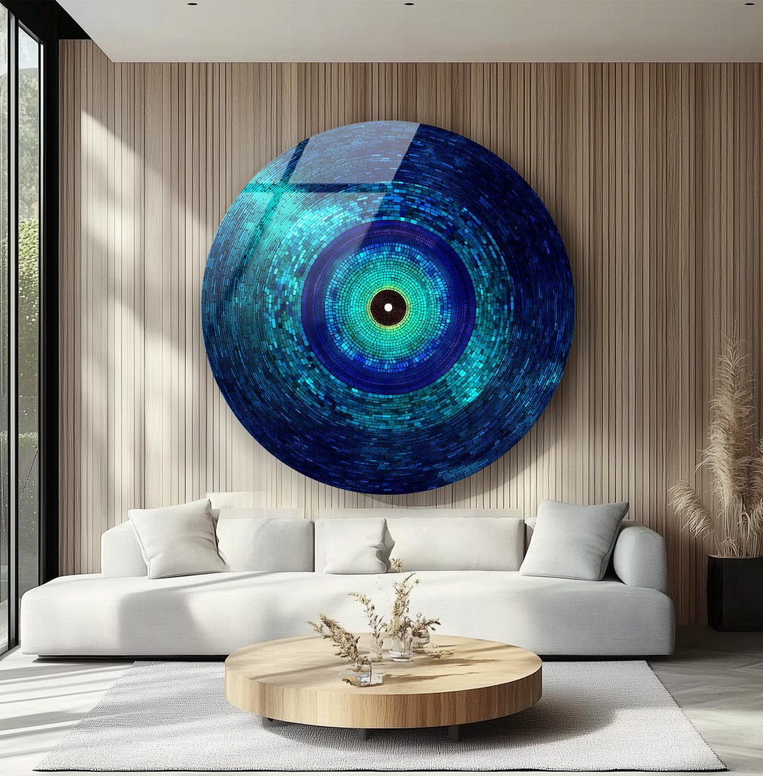Evil Eye Glass Wall Art: Blue Mosaic Nazar Protection, Modern Home