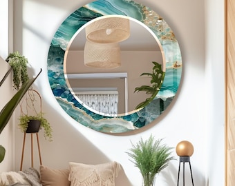 Handmade Green Agate Round Wall Mirror: Tempered Glass Art