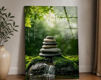 Zen Stone Waterfall Glass Wall Art, Mossy Forest Meditation Scene, Vertical Oversized Tempered Glass Wall Art, Spa Home Decor