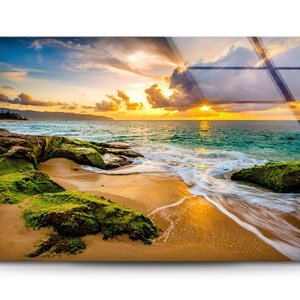 Landscape Tempered Glass Wall Art, Sunset Beach Seascape Glass Print