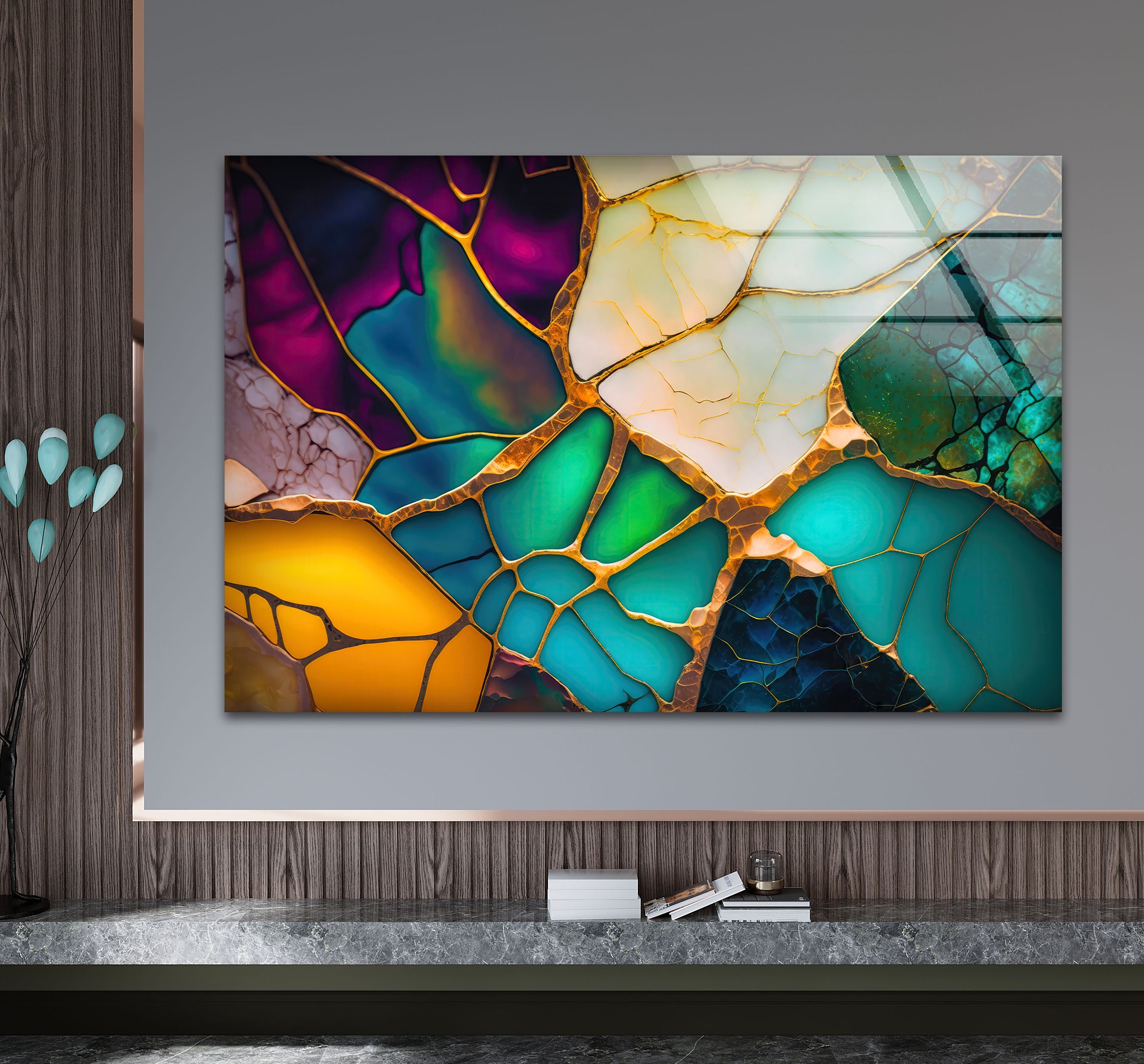 ムラノグラスアート　モダンアート Handmade Green & Gold Marble Tempered Glass Wall Art - Etsy