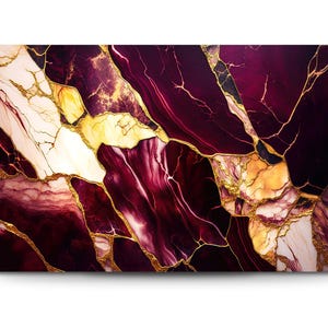 Burgundy Marble Tempered Glass Wall Art: Gold Abstract Print image 1