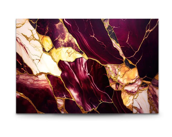 Burgundy Marble Tempered Glass Wall Art: Gold Abstract Print