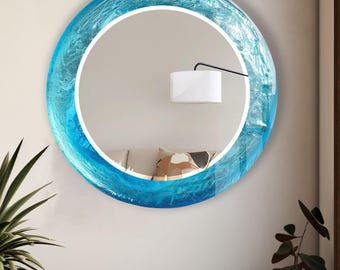 Espejo de pared redondo de cristal templado azul: Arte moderno hecho a mano
