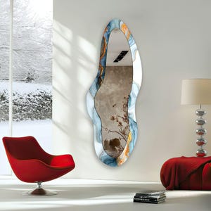 Asymmetrical Tempered Glass Full Body Mirror: Modern Blue Wall Decor