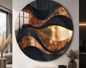 Black Copper Abstract Glass Wall Art, Bronze Gold Wave Decor, Mosaic Style Tempered Glass, home decor, wall hanging, large wall art