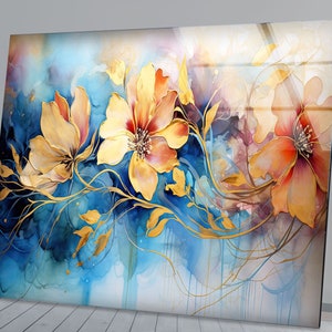 Tempered Glass Wall Art,Blue Flower Wall Art,Floral Wall Decor,Glass Printing Art,Oil Flower Wall Hangings,Tempered Glass Art,Floral Art