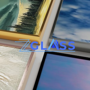 The image is a collage of four different images, each with a distinct color and texture. The central image is a close-up of a glass surface, while the other three images show various landscapes, such as a beach, a mountain, and a sky. The text "ZGLASS" is prominently displayed in the center of the image, indicating that this is a collection of images related to the brand or product.