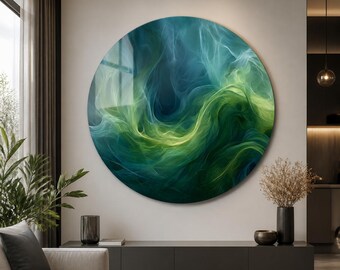 Emerald Green Abstract Glass Wall Art, Blue Lime Flowing Wave Decor, Tempered Glass, Framed or Unframed, Ready to Hang