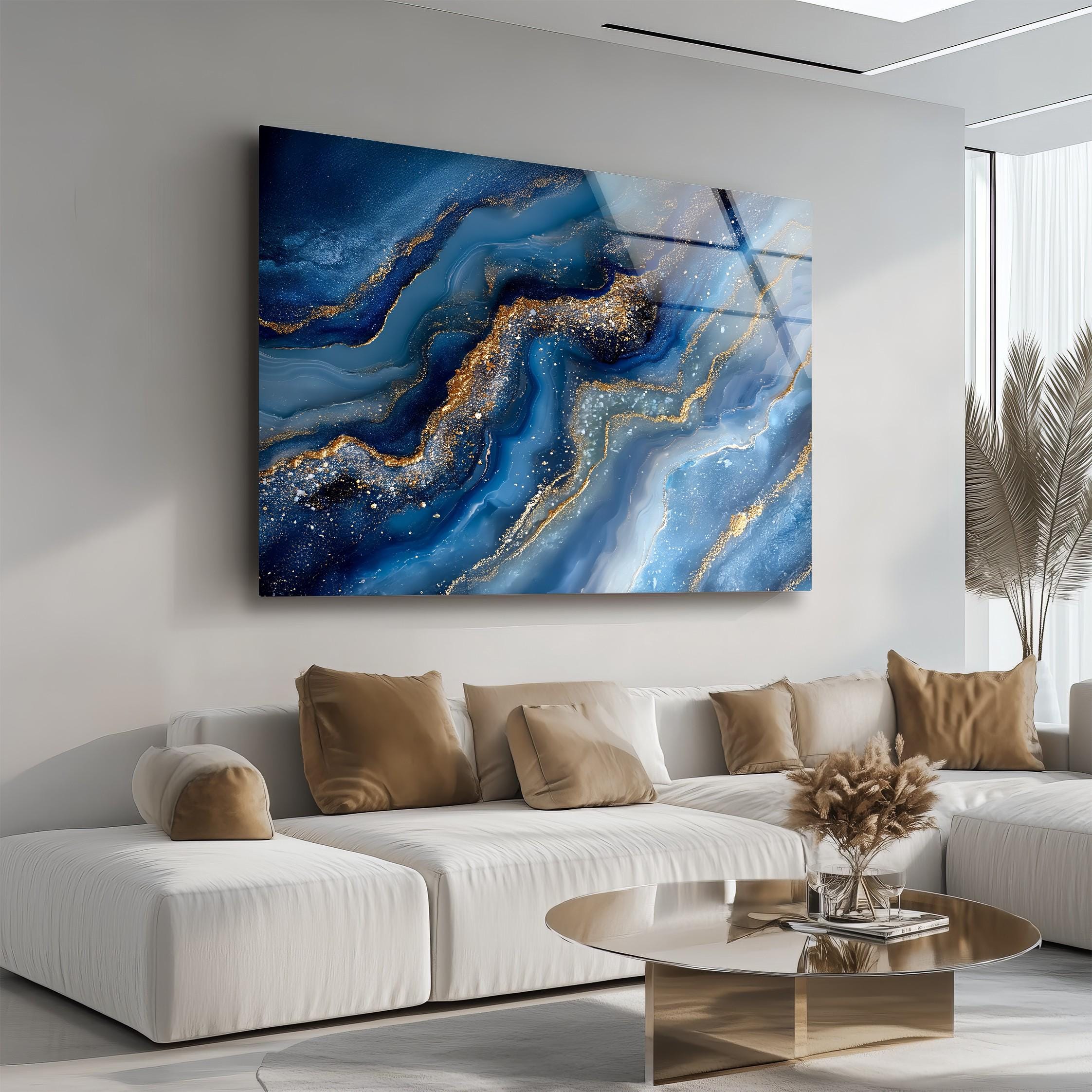 ブルーゴールドジオードガラスプリント：抽象的な強化ガラスウォール