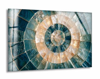 Teal Pearl Spiral Glass Wall Art, Blue Gold Mosaic Abstract Decor, Nautilus Style Tempered Glass, Framed or Unframed, Ready to Hang
