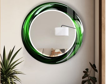 Tempered Glass Mirror Gift-Round Wall Mirror for Bathroom-Circle Green Mirror Wall Decor for Bedroom-Circle Bathroom Mirror for Vanities