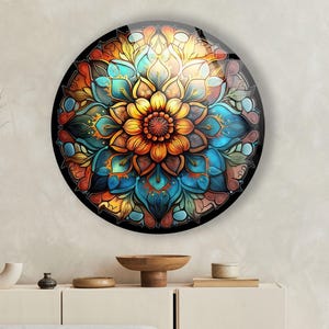 Tempered Glass Wall Art,Round Wall Art Gift,Tempered Glass Art,Glass Wall Decor,Glass Printing ,Round Stained Flower Decor,Mandala Wall Art