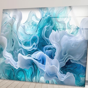 Arte de parede abstrata em vidro azul: Impressão moderna em vidro temperado com ondas do oceano