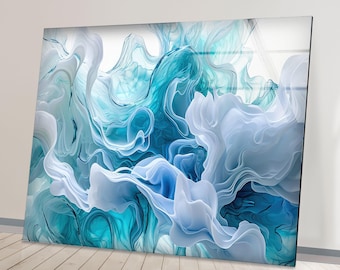 Blue Abstract Glass Wall Art: Modern Ocean Wave Tempered Glass Print