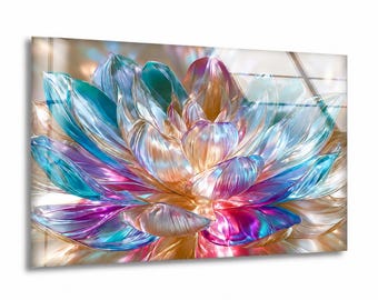 Iridescent Lotus Glass Wall Art, Teal Pink Pearl Floral Decor, Tempered Glass, Framed or Unframed, Ready to Hang