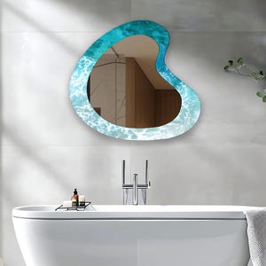Asymmetrical Tempered Glass Wall Mirror: Modern Blue Ocean Decor