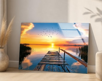 Sunset Lake Glass Wall Art, Wooden Dock Large Tempered Glass Wall Art with Flying Birds, Oversized Nature Home Decor