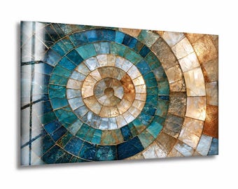 Teal Gold Spiral Glass Wall Art, Blue Ivory Mosaic Abstract Decor, Tempered Glass, Framed or Unframed, Ready to Hang
