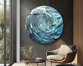 Decorazione murale rotonda a mosaico con onde – Sereno oceano azzurro, tranquilla decorazione murale in vetro costiero per la casa sulla spiaggia o per l'arredamento del soggiorno zen
