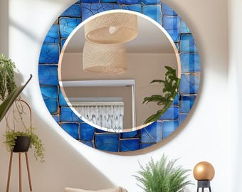 Espejo de pared redondo de cristal templado con mosaico azul hecho a mano