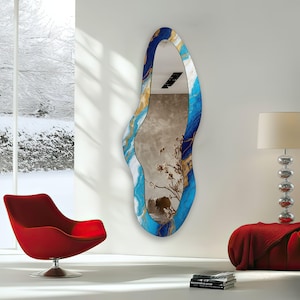 Tempered Glass Wall Mirror: Irregular Marble Abstract, Blue Accent