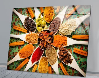 Tempered Glass Wall Art,Spoon Spices Wall Decor,Large Wall Art, Wall Hangings,Indian Spice Art,Kitchen Wall Art,Herbs Wall Art,Kitchen decor