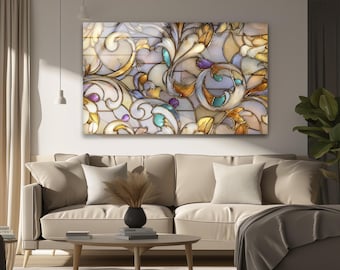 Decorazione murale in vetro con motivi floreali – Stampa in vetro temperato di lusso ispirata al barocco per un arredamento classico del soggiorno o del corridoio