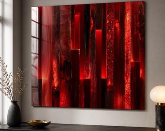 Crimson Red Abstract Glass Wall Art, Black Ruby Geometric Decor, Modern Tempered Glass, Framed or Unframed, Ready to Hang