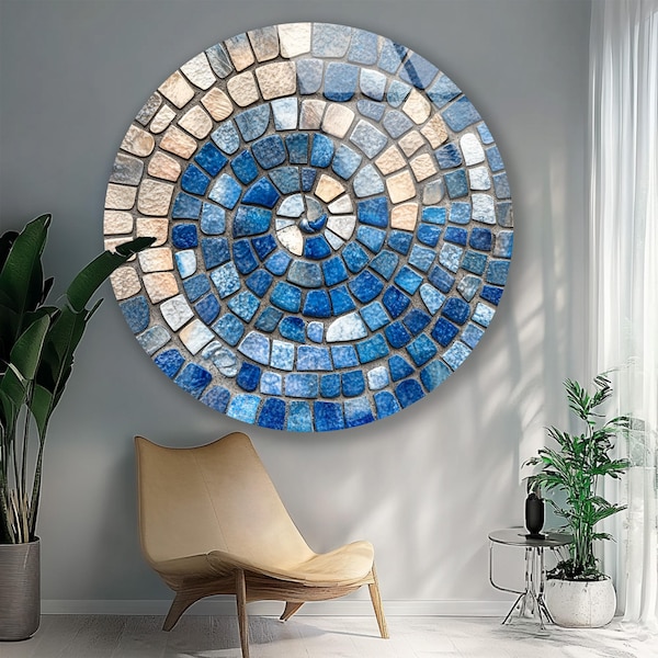 Arte mural de mosaico de vidrio azul: espiral de textura de piedra costera