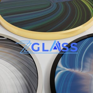 a collage of three circular images, each with a unique color and pattern. The central image is a gold circle, while the other two images are black and white. The text "ZGLASS" is prominently displayed in the center of the collage.