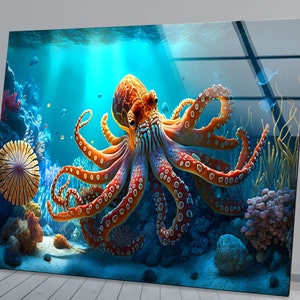 Octopus Ocean Glass Wall Art , Underwater Marine Life Print ,  Vibrant Sea Creature Decor
