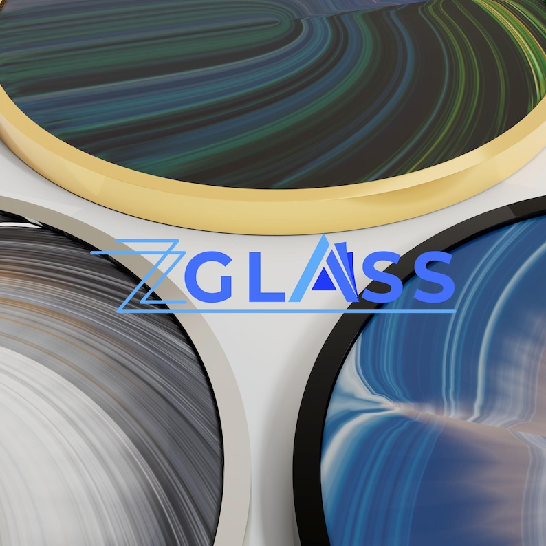 a collage of three circular images, each with a unique color and pattern. The central image is a gold circle, while the other two images are black and white. The text "ZGLASS" is prominently displayed in the center of the collage.