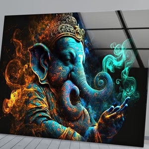 Ganesh Wandkunst auf Glas, Hindu Gott Ganesha Druck, spirituelle Wohnkultur, heilige Elefant Kunstwerk