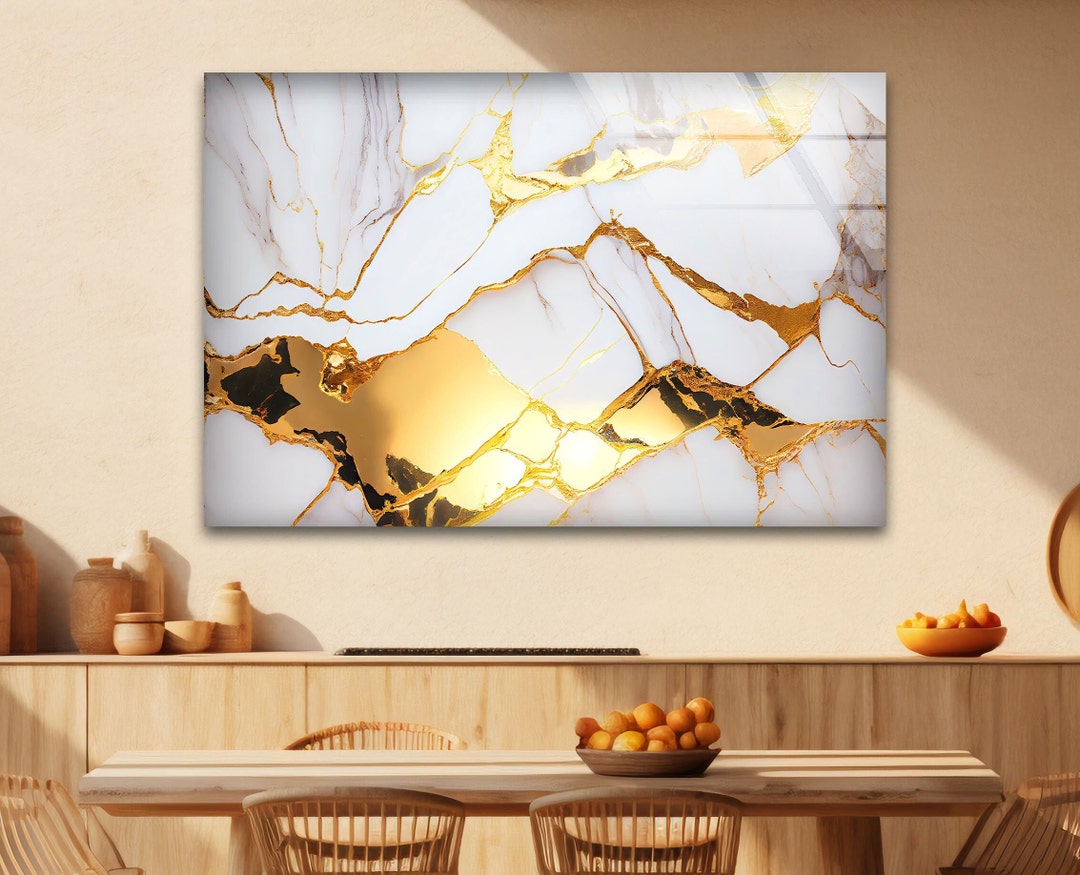 Golden Marble Abstract Tempered Glass Wall Art: Modern Home Decor - Etsy