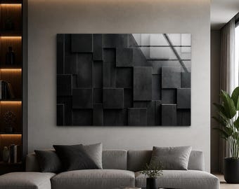 Black Geometric Glass Wall Art, Modern 3D Panel Effect, Large Tempered Glass Art for Minimalist Living Room Decor