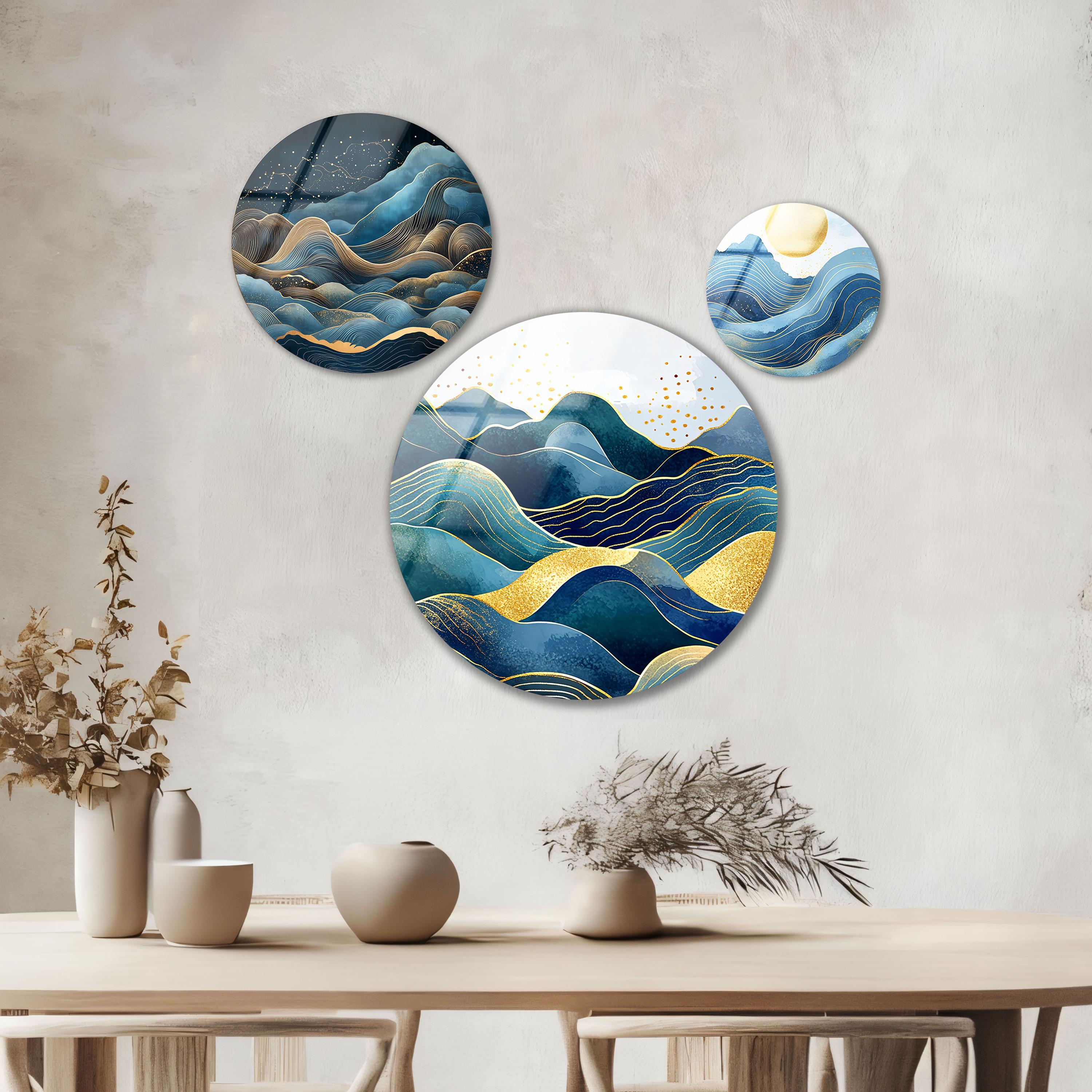 Abstract Ocean Waves Glass Wall Art Set: Blue & Gold, Modern Decor